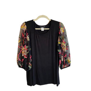 Kim & Cami Black Floral Embroidered Sleeve Top - Size L NWOT